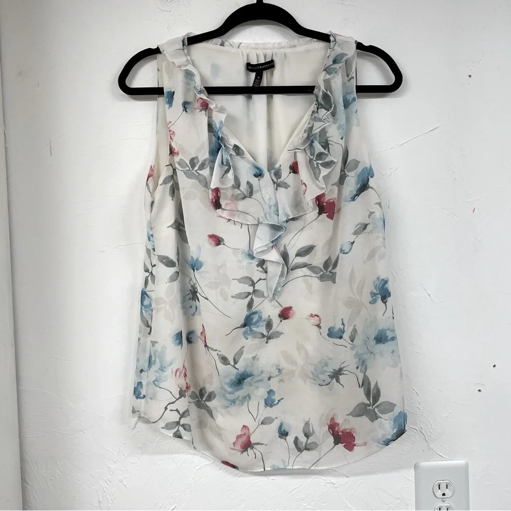 White House Black Market White Floral Ruffled Sleeveless Blouse 8